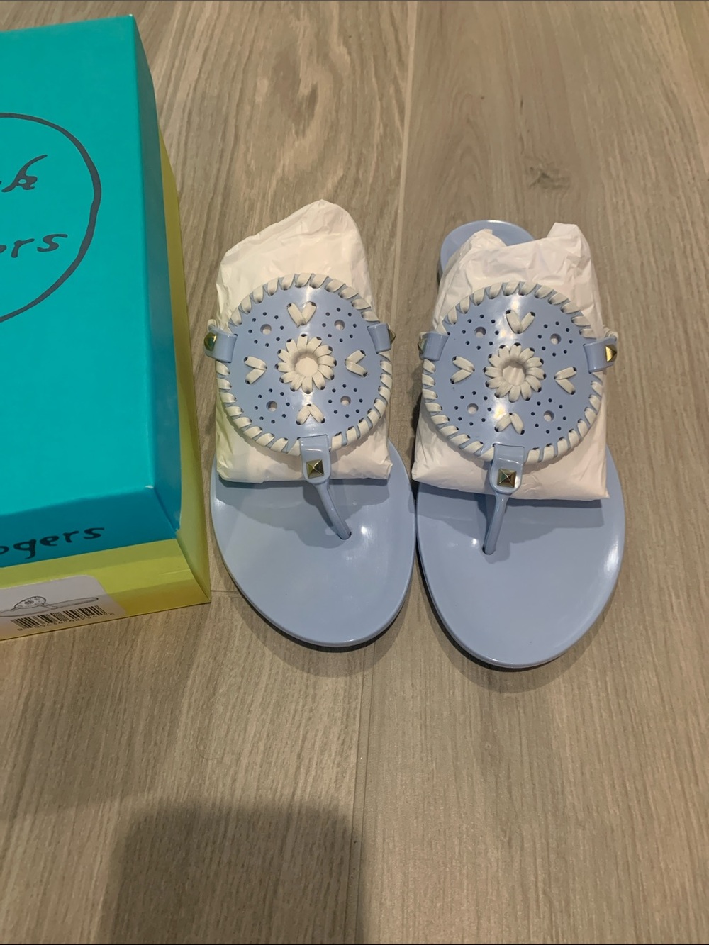 Jack Rogers Pale Blue Jelly Thong Sandals with Medallion